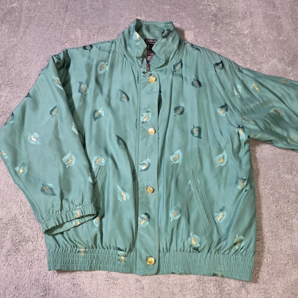 Abvien Womens Medium Silk Bomber Jacket Green Gold Leaf Jacquard Mock Neck Vtg